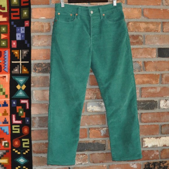 Levi's Green Wedgie High Rise Corduroy Button Fly White Tab Pants Cords W30 L26 - Picture 1 of 7
